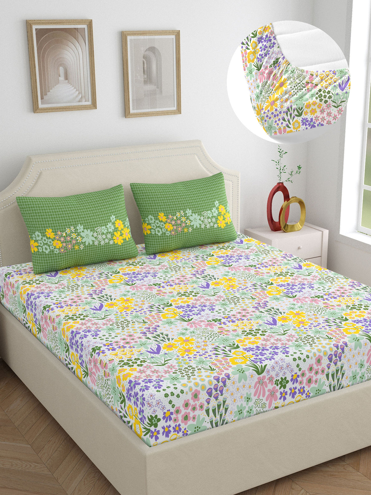 Home Ecstasy 100% Cotton 140 TC Floral Bedsheet Set - Colour: Green
