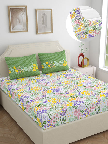 Home Ecstasy 100% Cotton 140 TC Floral Bedsheet Set - Colour: Green