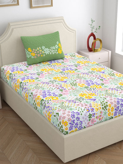 Home Ecstasy 100% Cotton 140 TC Floral Bedsheet Set - Colour: Green
