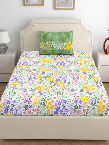 Home Ecstasy 100% Cotton 140 TC Floral Bedsheet Set - Colour: Green
