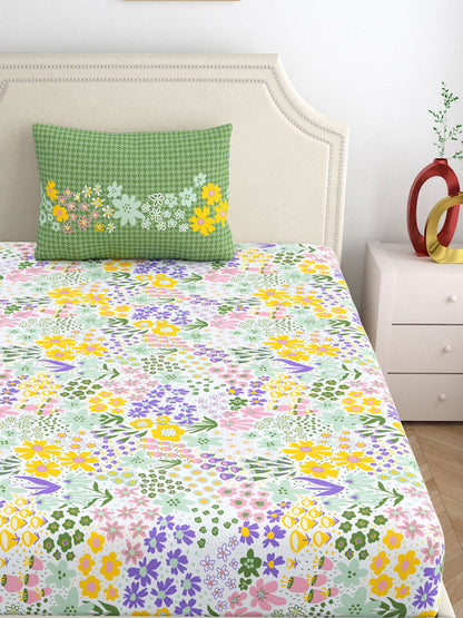 Home Ecstasy 100% Cotton 140 TC Floral Bedsheet Set - Colour: Green