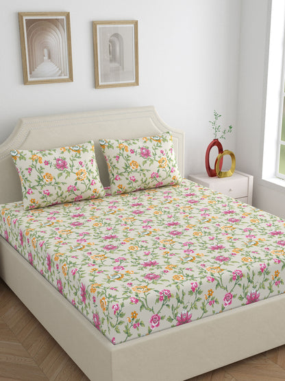 Home Ecstasy 100% Cotton 140 TC Floral Bedsheet Set - Colour: Beige