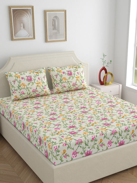 Home Ecstasy 100% Cotton 140 TC Floral Bedsheet Set - Colour: Beige