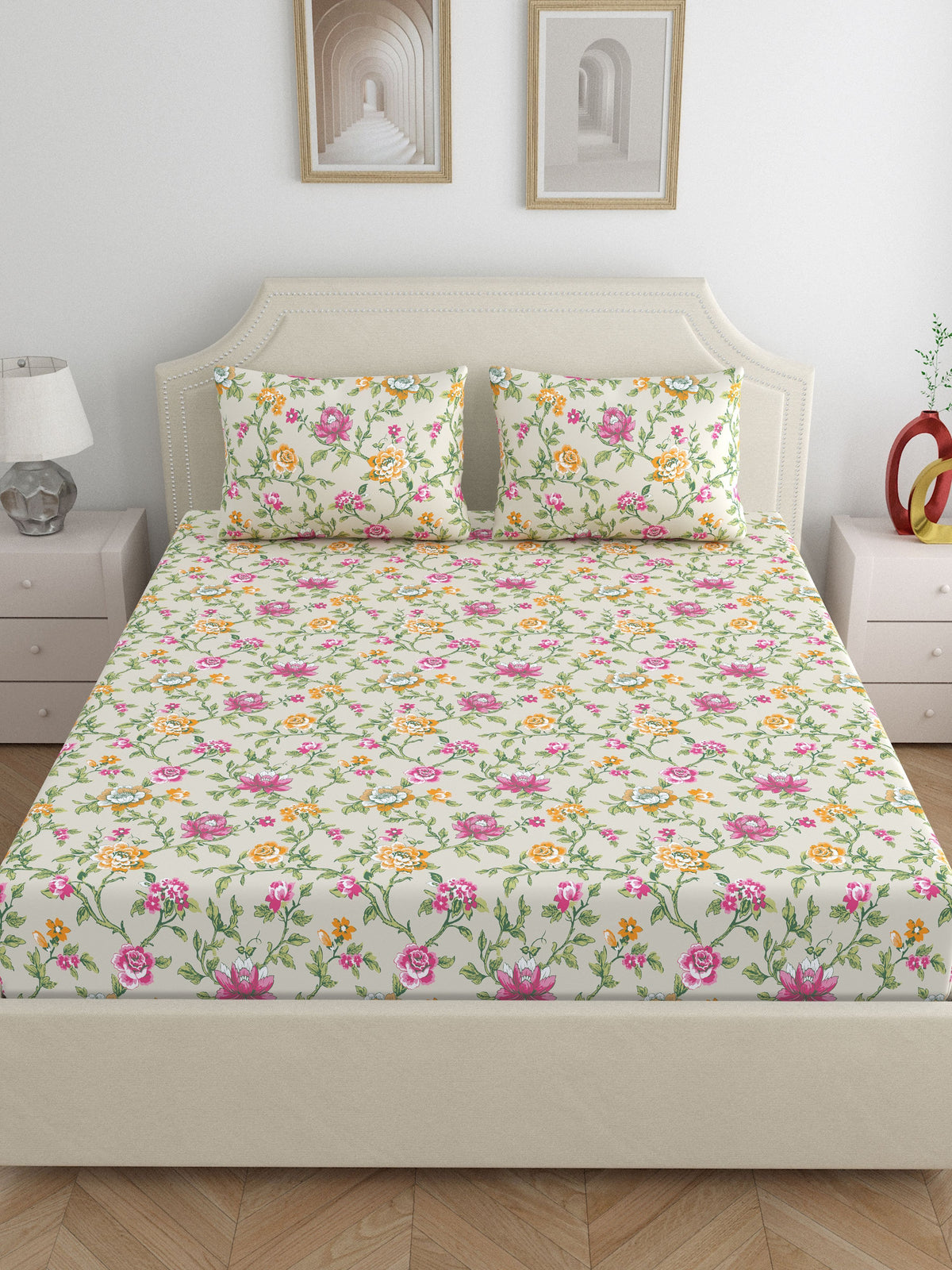 Home Ecstasy 100% Cotton 140 TC Floral Bedsheet Set - Colour: Beige