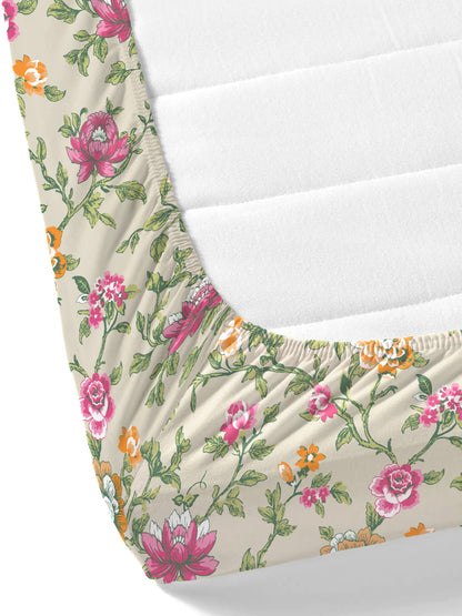 Home Ecstasy 100% Cotton 140 TC Floral Bedsheet Set - Colour: Beige
