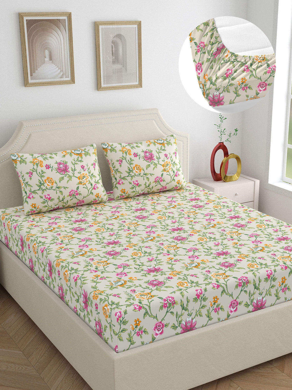 Home Ecstasy 100% Cotton 140 TC Floral Bedsheet Set - Colour: Beige