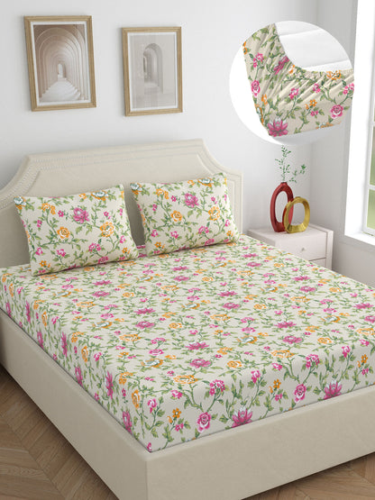 Home Ecstasy 100% Cotton 140 TC Floral Bedsheet Set - Colour: Beige