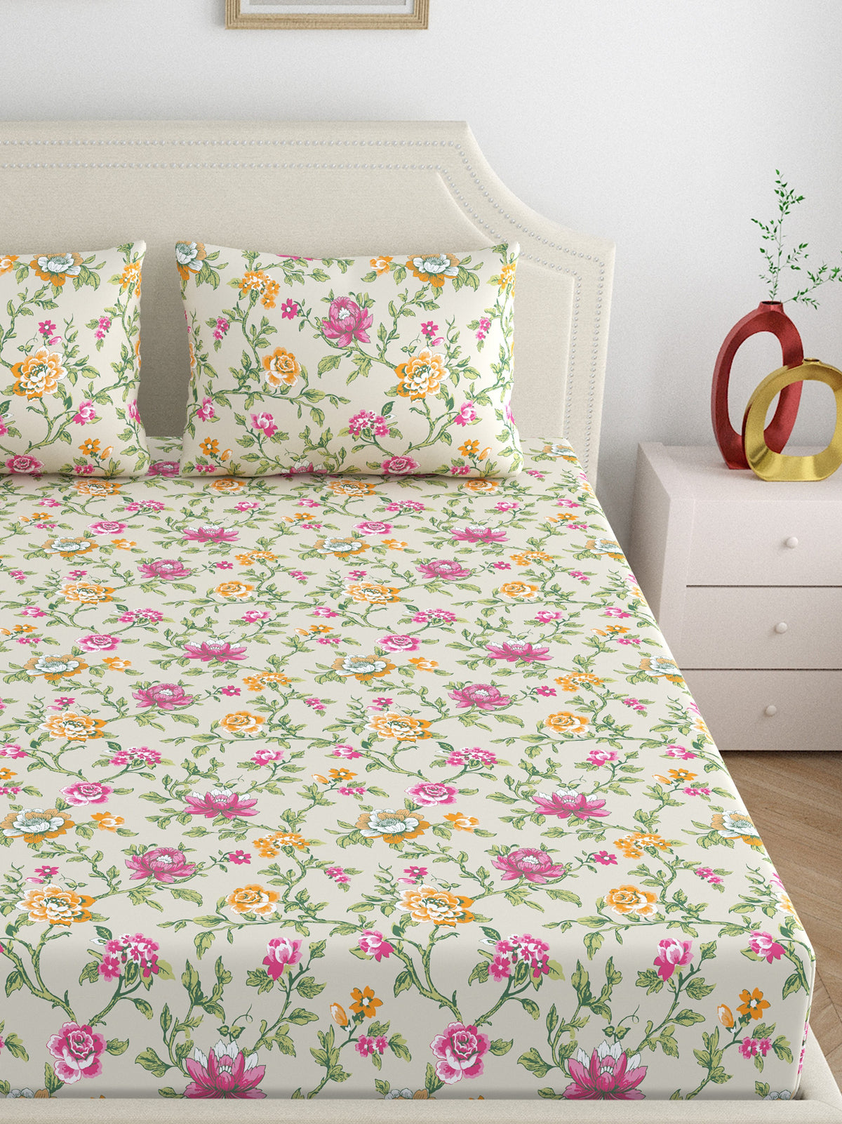 Home Ecstasy 100% Cotton 140 TC Floral Bedsheet Set - Colour: Beige