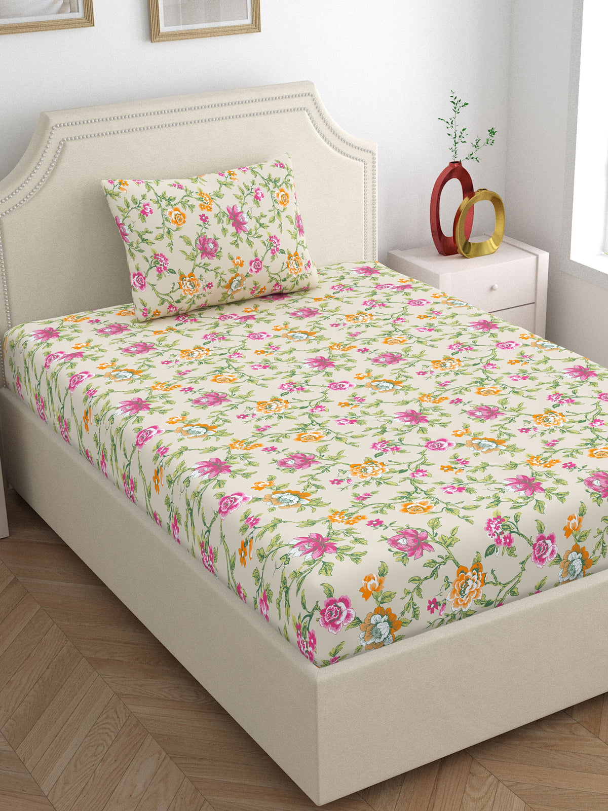 Home Ecstasy 100% Cotton 140 TC Floral Bedsheet Set - Colour: Beige
