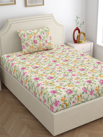 Home Ecstasy 100% Cotton 140 TC Floral Bedsheet Set - Colour: Beige