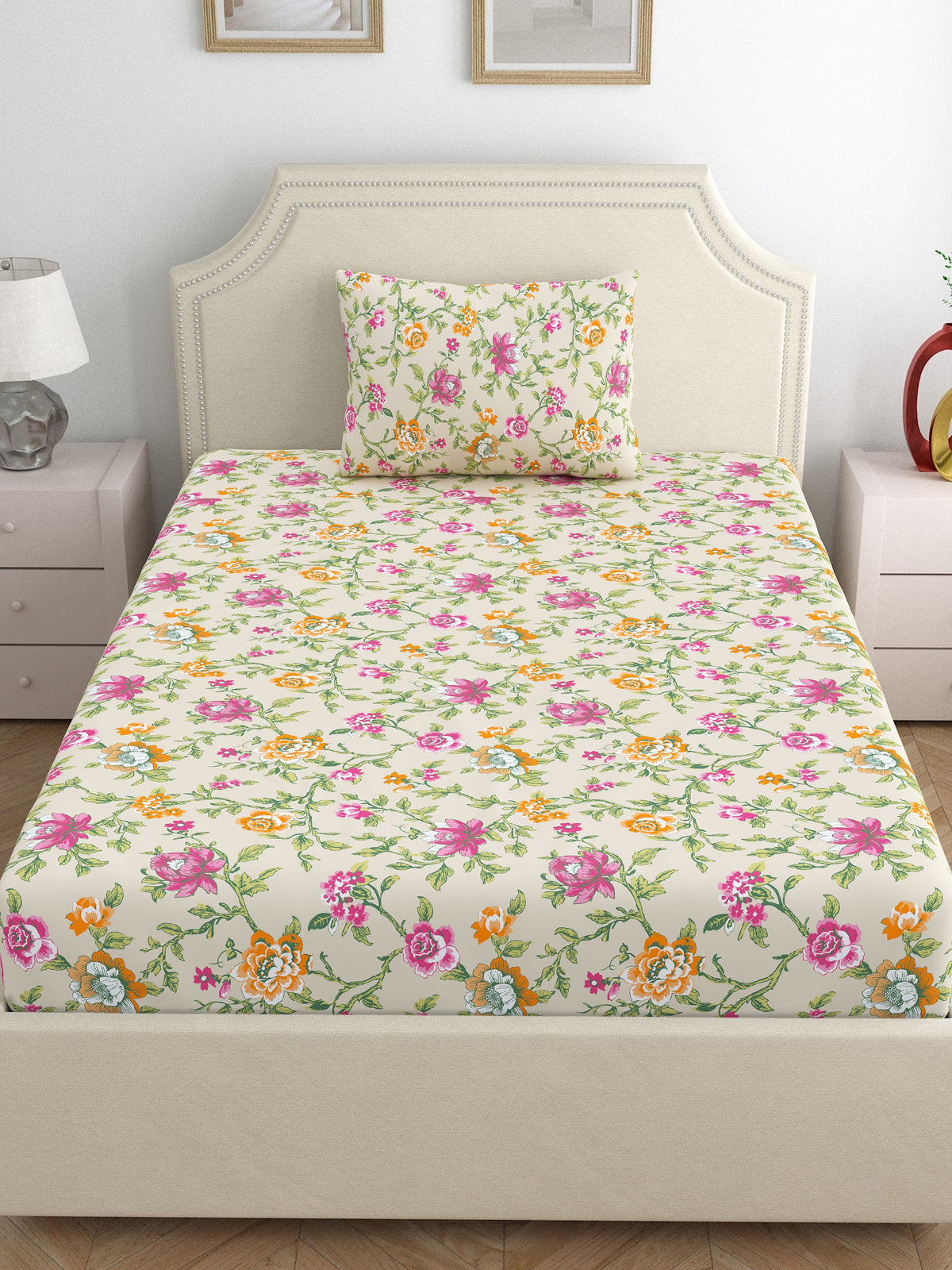 Home Ecstasy 100% Cotton 140 TC Floral Bedsheet Set - Colour: Beige