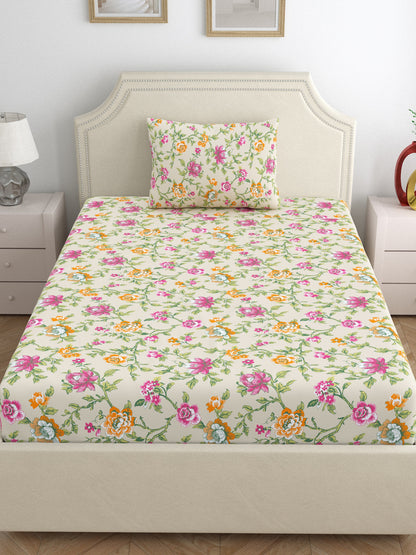 Home Ecstasy 100% Cotton 140 TC Floral Bedsheet Set - Colour: Beige