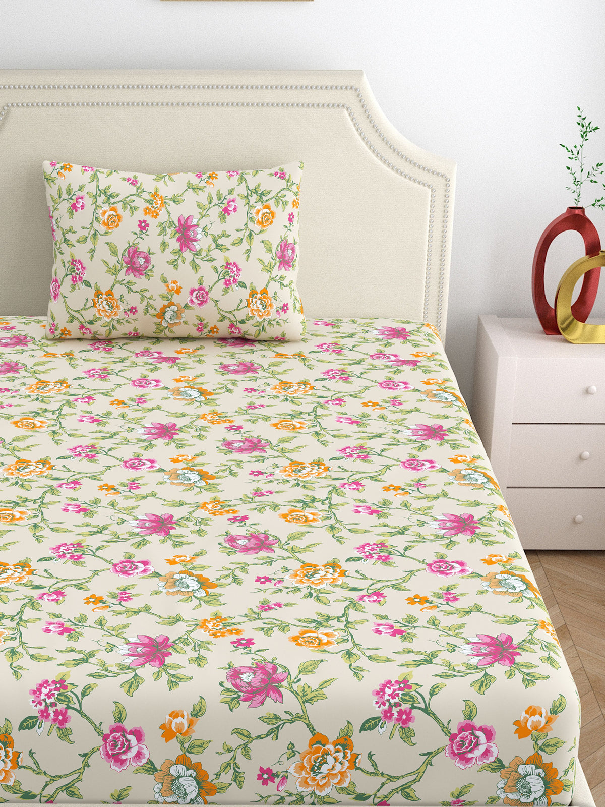 Home Ecstasy 100% Cotton 140 TC Floral Bedsheet Set - Colour: Beige
