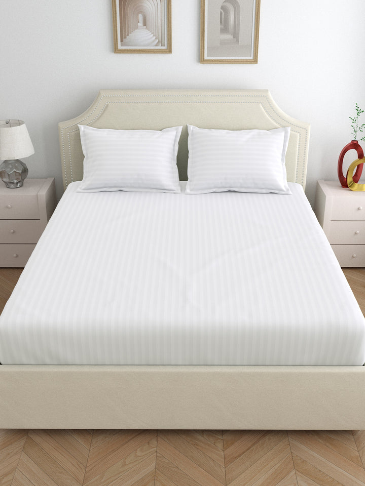 Dreamscape 100% Cotton Satin Stripe Bedsheet Set | 400 TC | White