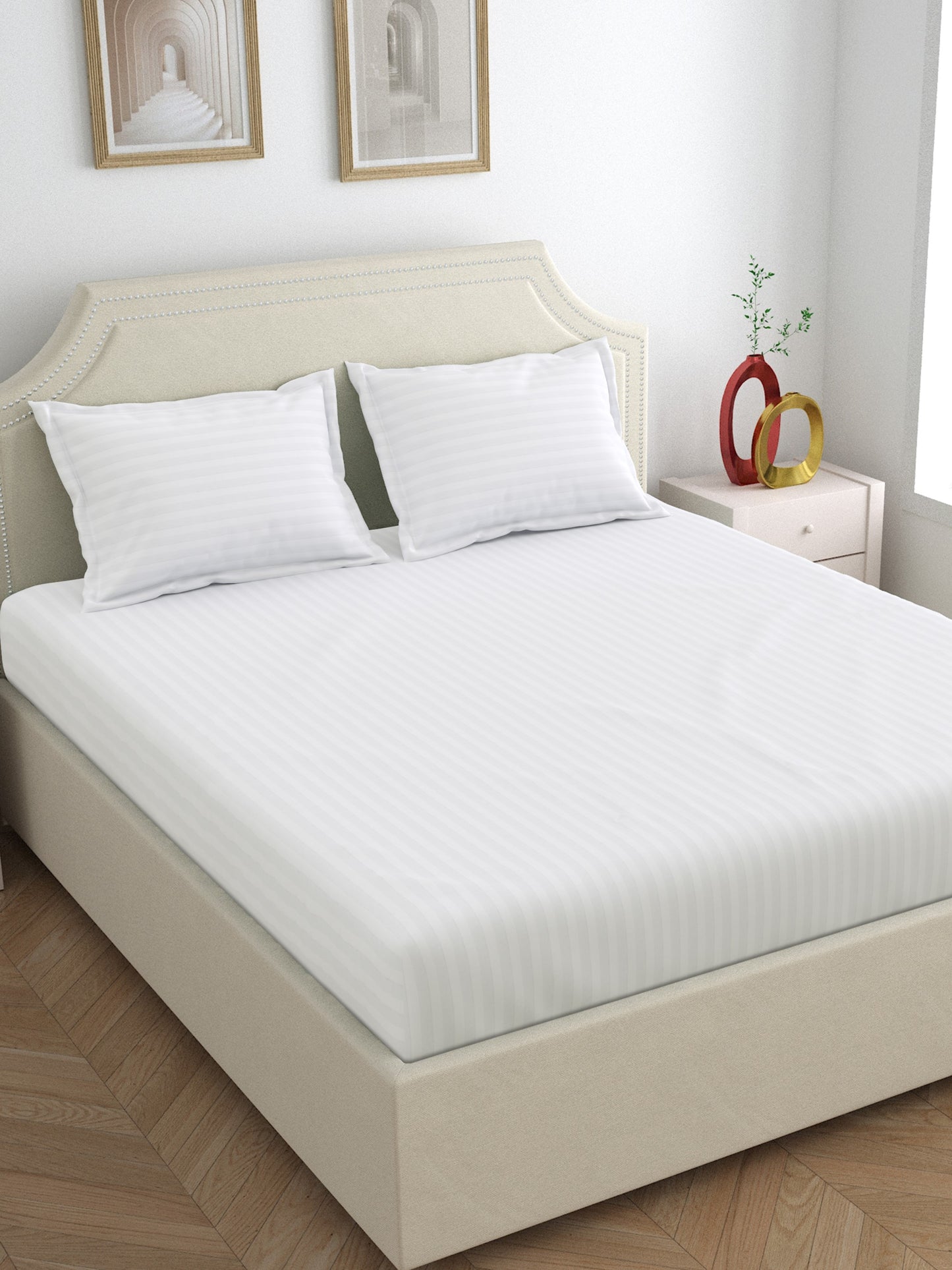 Dreamscape 100% Cotton Satin Stripe Bedsheet Set | 400 TC | White