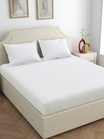 Dreamscape 100% Cotton Satin Stripe Bedsheet Set | 400 TC | White