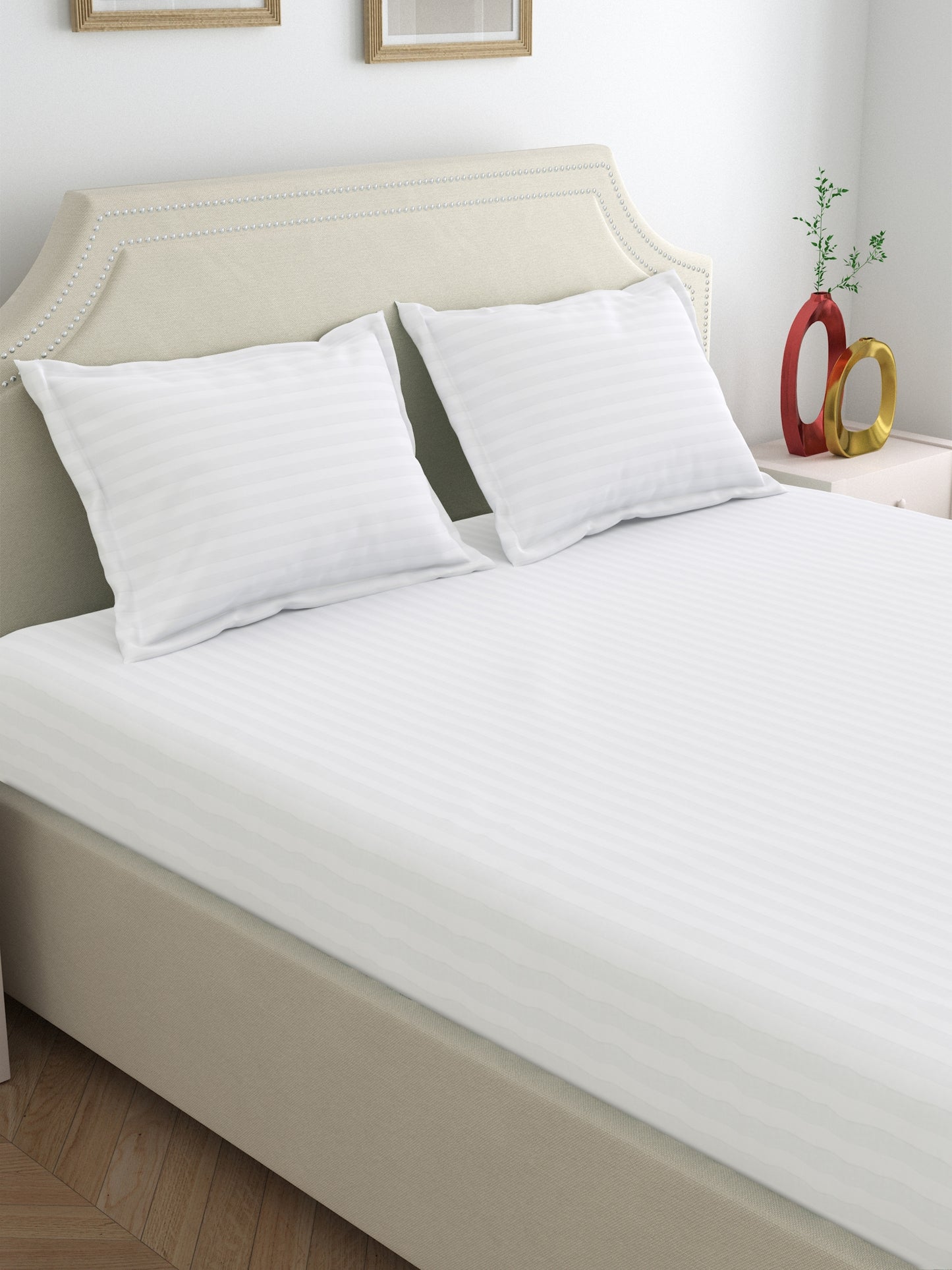 Dreamscape 100% Cotton Satin Stripe Bedsheet Set | 400 TC | White