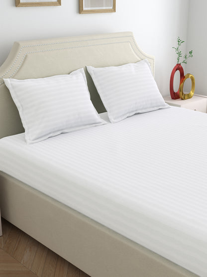 Dreamscape 100% Cotton Satin Stripe Bedsheet Set | 400 TC | White