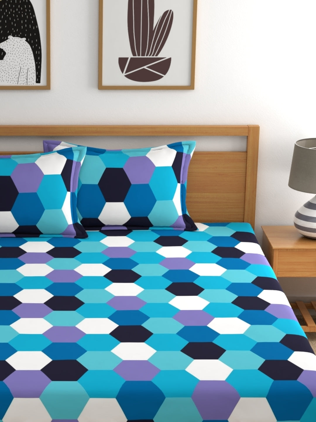 Home Ecstasy 100% Cotton Geometric Bedsheet Set | 140 TC | Blue