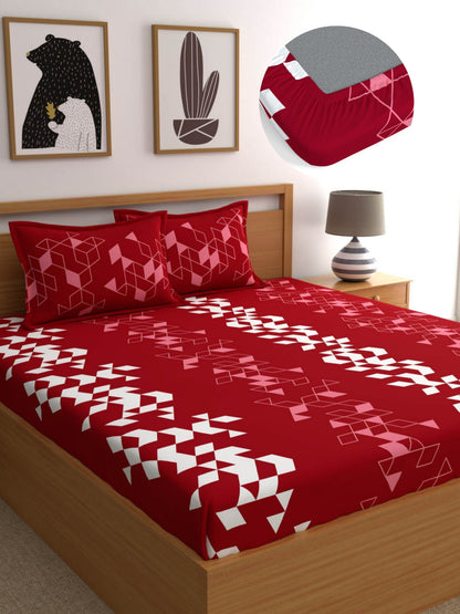 Dreamscape 100% Cotton 140 TC Geometric Bedsheet Set - Colour: Red