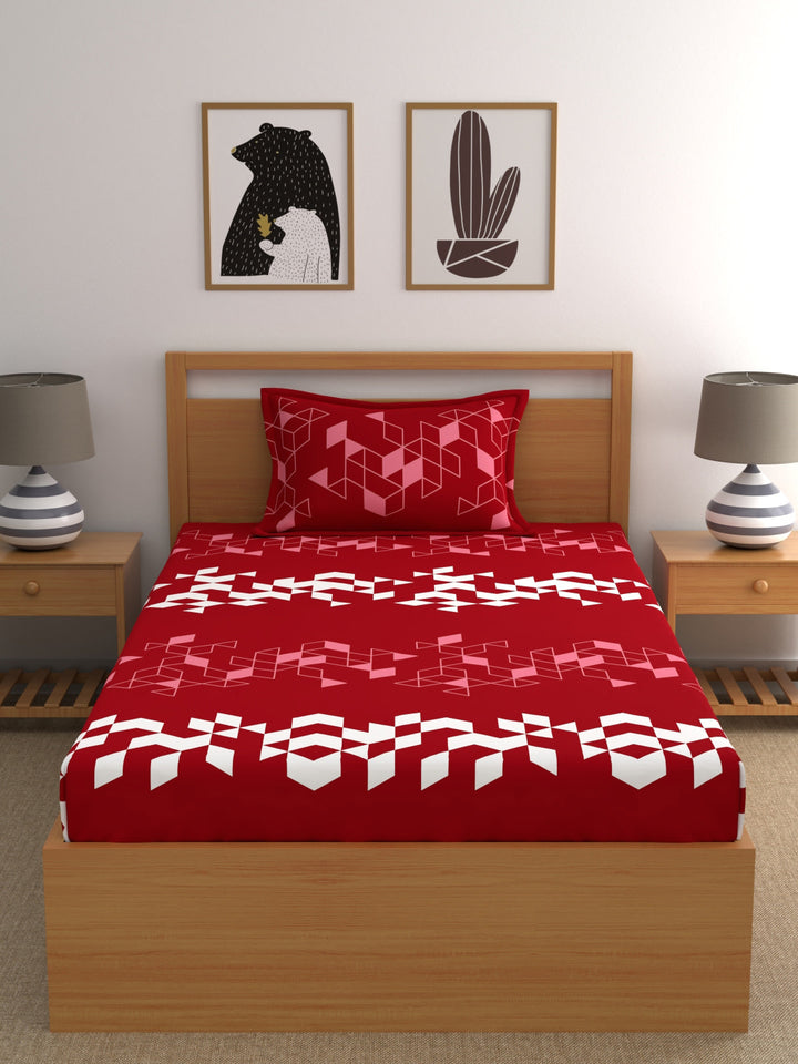 Dreamscape 100% Cotton Geometric Bedsheet Set | 140 TC | Red