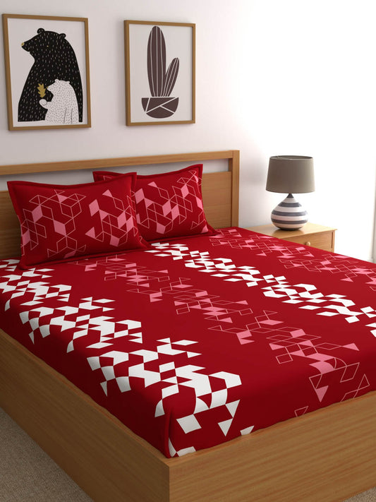 Dreamscape 100% Cotton 140 TC Geometric Bedsheet Set - Colour: Red