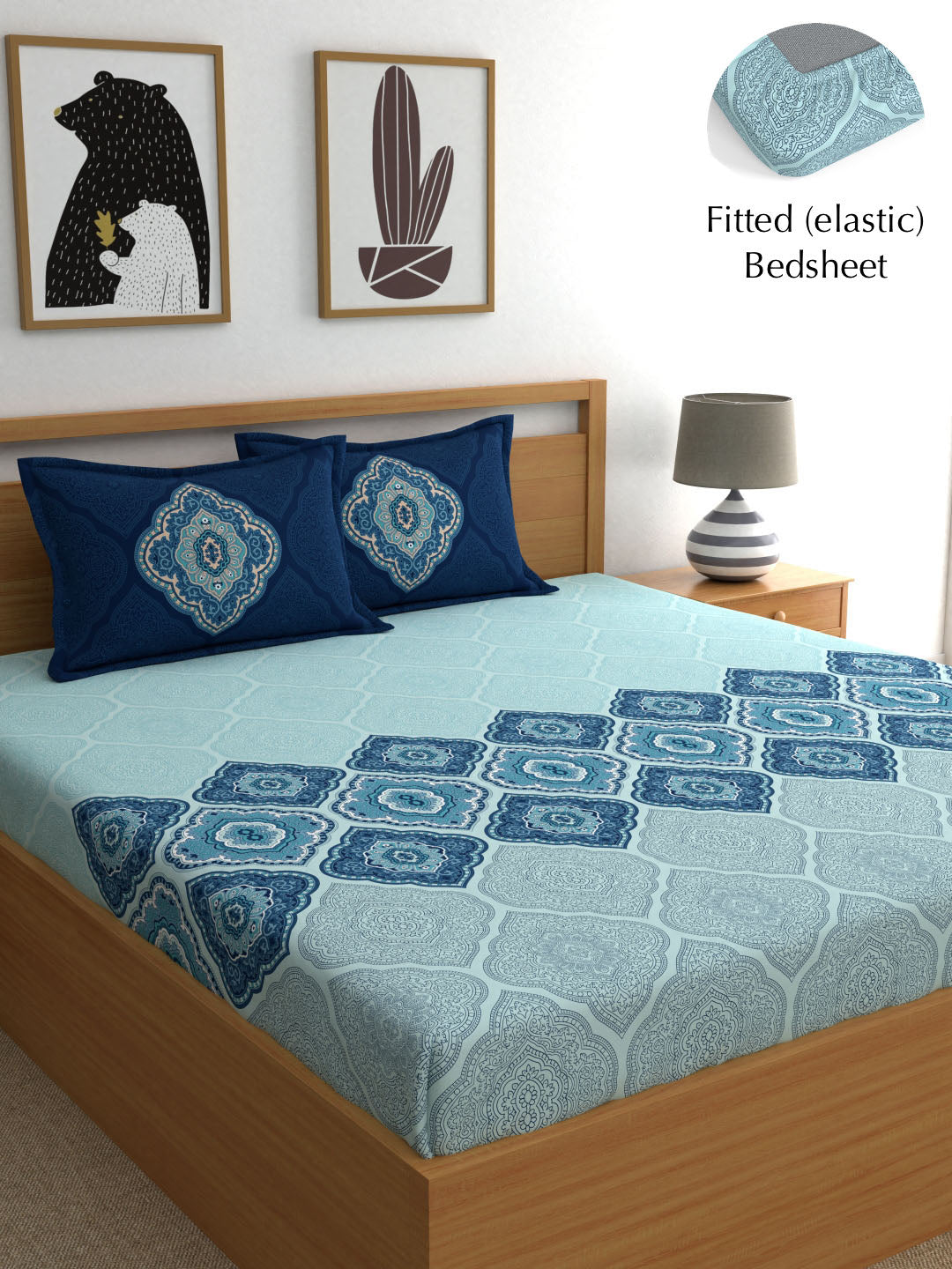 Dreamscape 100% Cotton 140 TC Ethnic Bedsheet Set - Colour: Blue