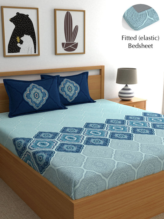 Dreamscape 100% Cotton 140 TC Ethnic Bedsheet Set - Colour: Blue
