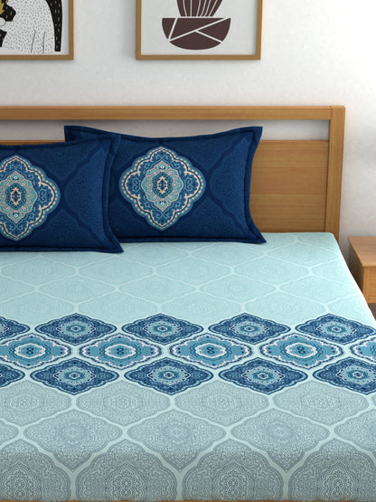 Dreamscape 100% Cotton 140 TC Ethnic Bedsheet Set - Colour: Blue