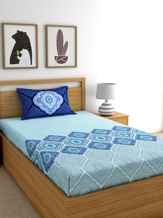 Dreamscape 100% Cotton Ethnic Fitted Bedsheet Set | 140 TC | Blue
