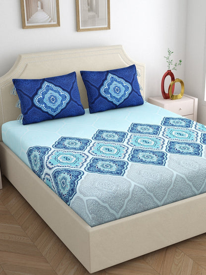 Home Ecstasy 100% Cotton 140 TC Ethnic Bedsheet Set - Colour: Blue