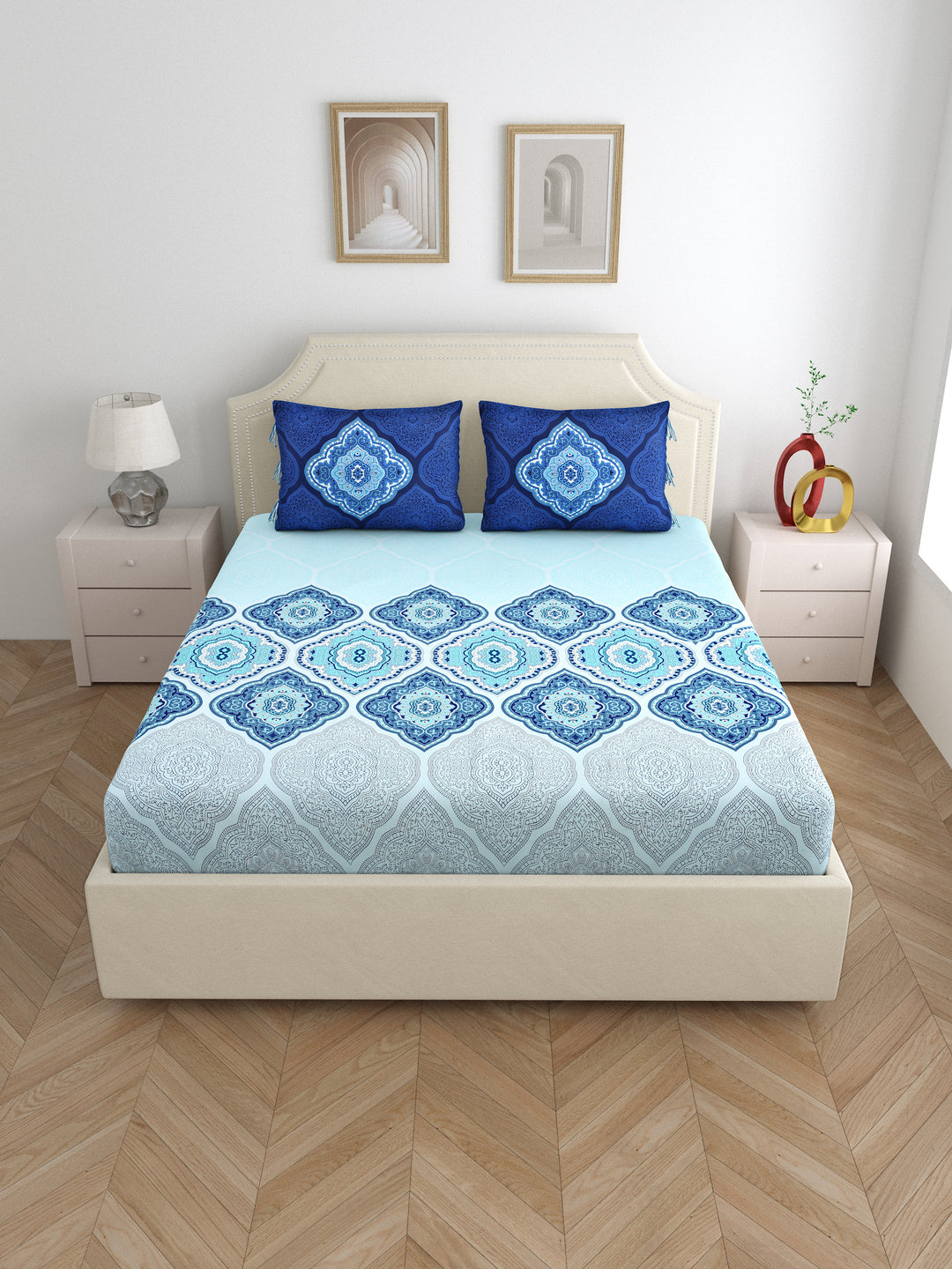 Dreamscape 100% Cotton Ethnic Bedsheet Set | 140 TC | Blue