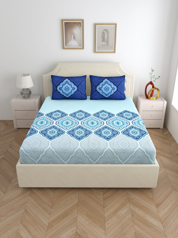 Dreamscape 100% Cotton Ethnic Bedsheet Set | 140 TC | Blue