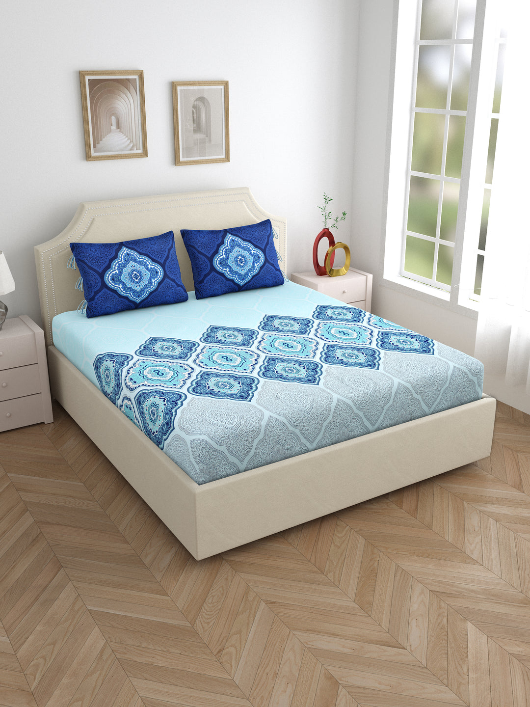 Dreamscape 100% Cotton Ethnic Bedsheet Set | 140 TC | Blue