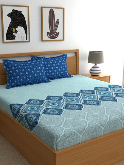 Dreamscape 100% Cotton Ethnic Bedsheet Set | 140 TC | Blue
