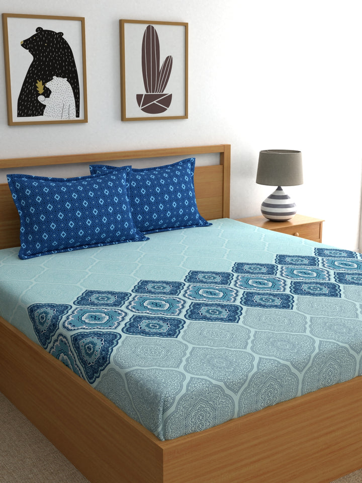 Dreamscape 100% Cotton Ethnic Bedsheet Set | 140 TC | Blue