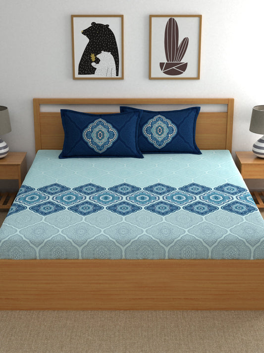 Home Ecstasy 100% Cotton 140 TC Ethnic Bedsheet Set - Colour: Blue