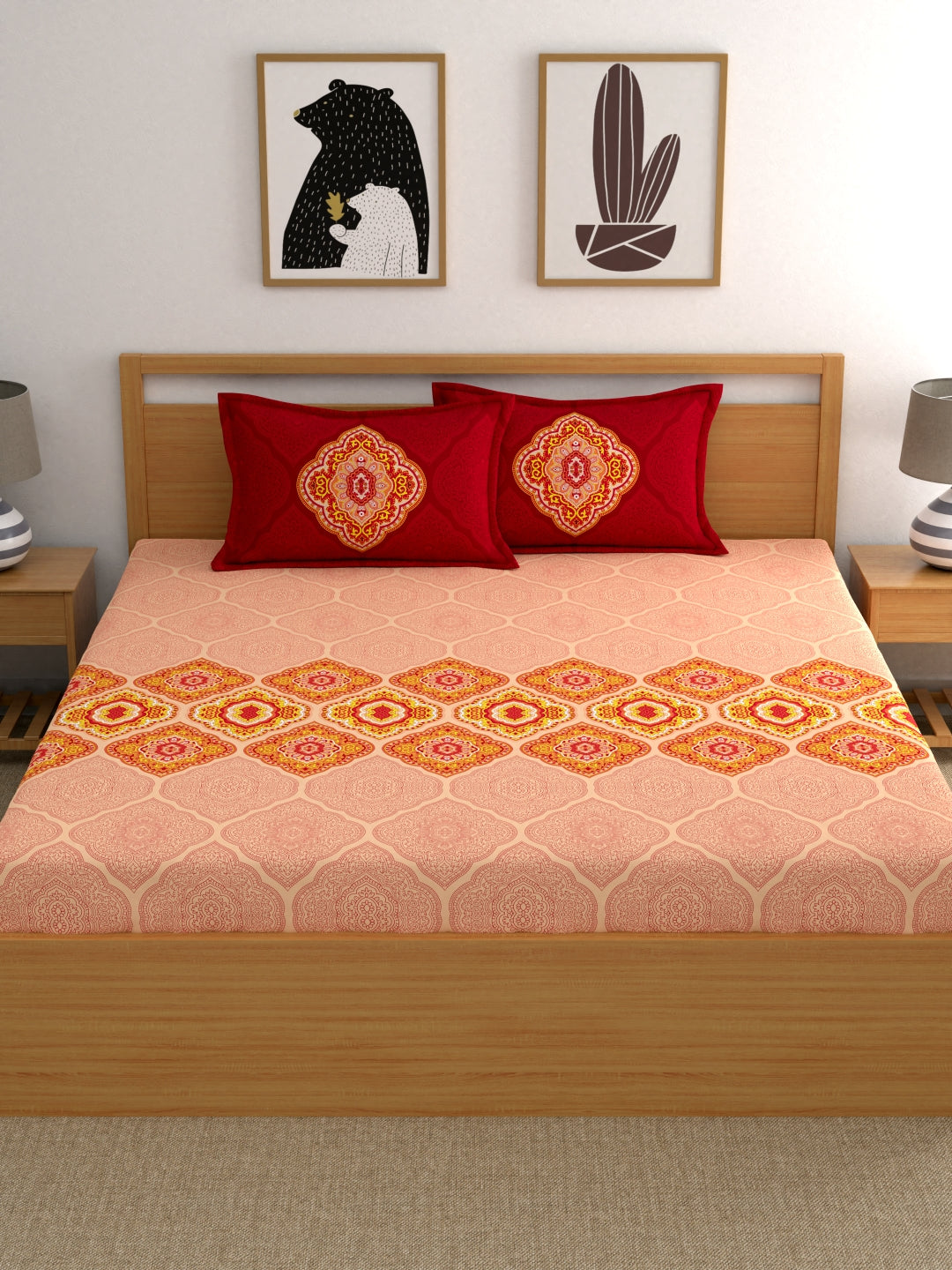 Dreamscape 100% Cotton 140 TC Ethnic Bedsheet Set - Colour: Red