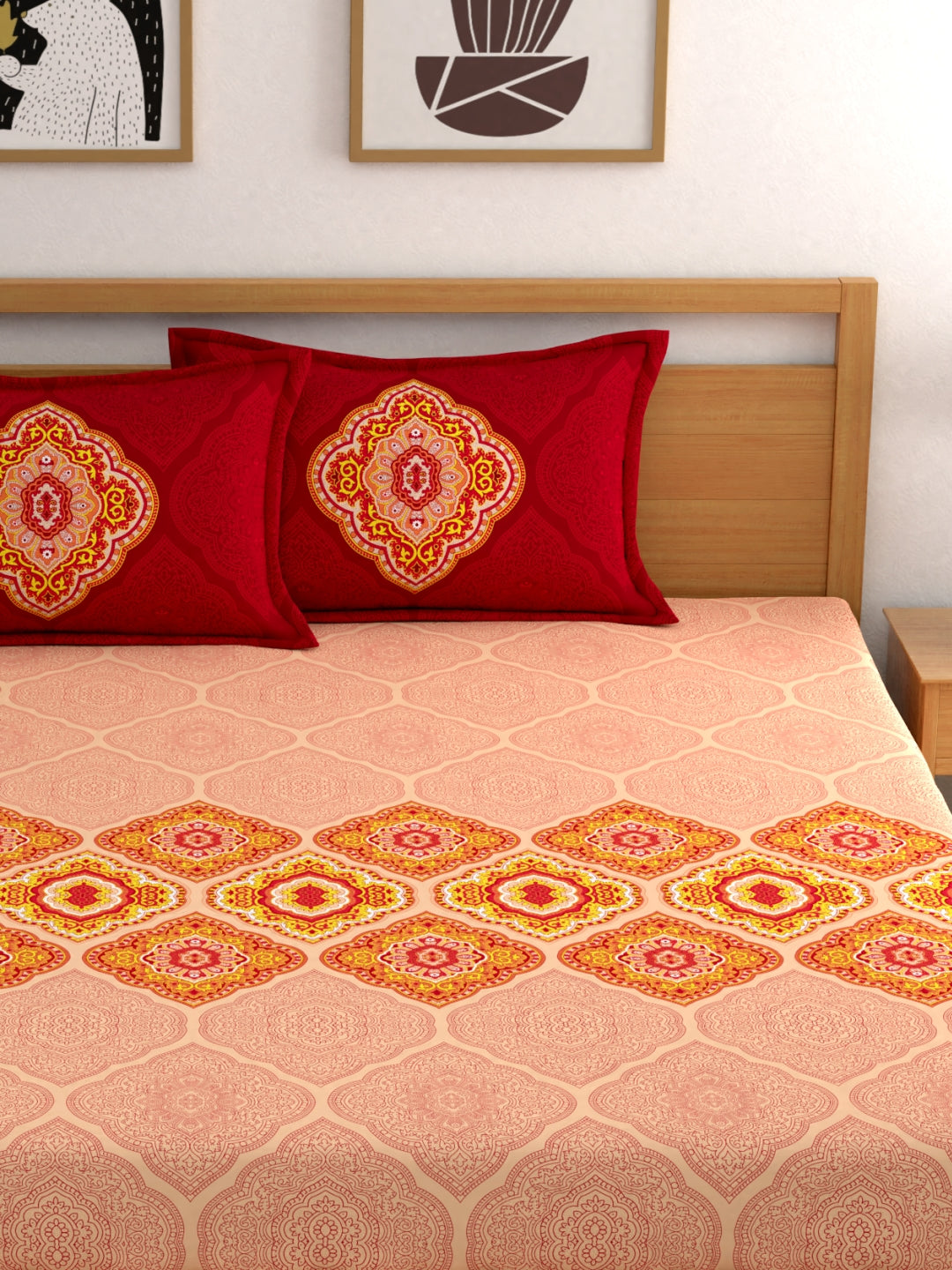 Dreamscape 100% Cotton 140 TC Ethnic Bedsheet Set - Colour: Red