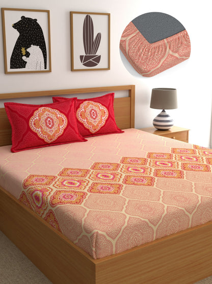 Dreamscape 100% Cotton 140 TC Ethnic Bedsheet Set - Colour: Red