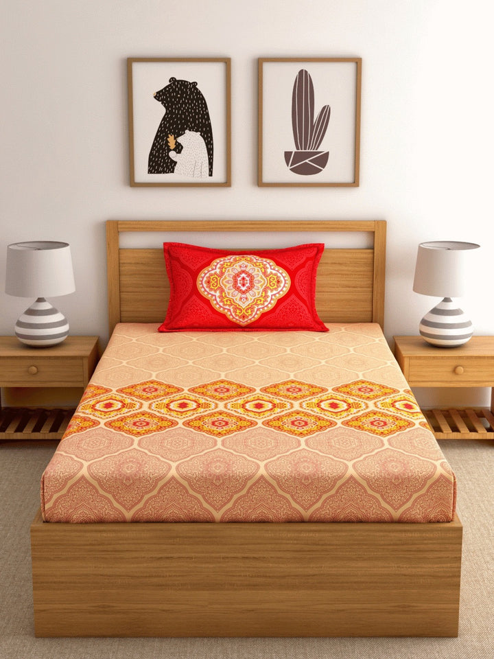 Dreamscape 100% Cotton Ethnic Bedsheet Set | 140 TC | Orange