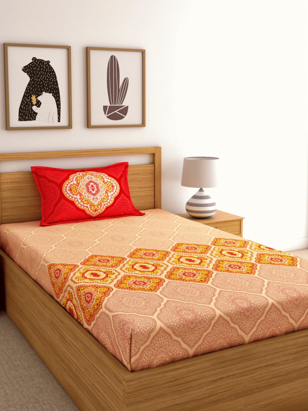 Dreamscape 100% Cotton Ethnic Bedsheet Set | 140 TC | Orange