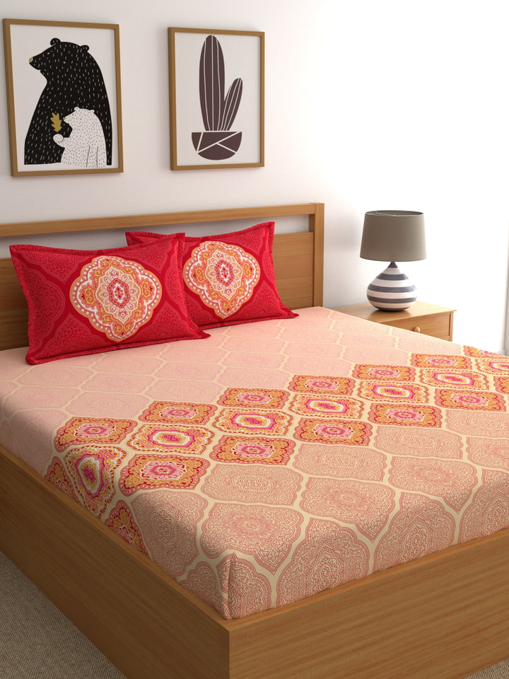 Dreamscape 100% Cotton Ethnic Bedsheet Set | 140 TC | Orange