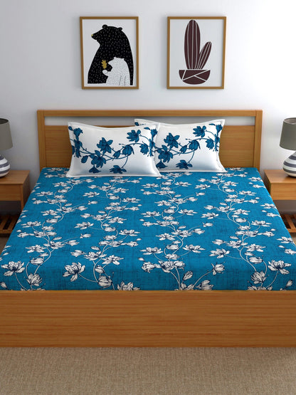 Dreamscape 100% Cotton Floral Bedsheet Set | 140 TC | Blue