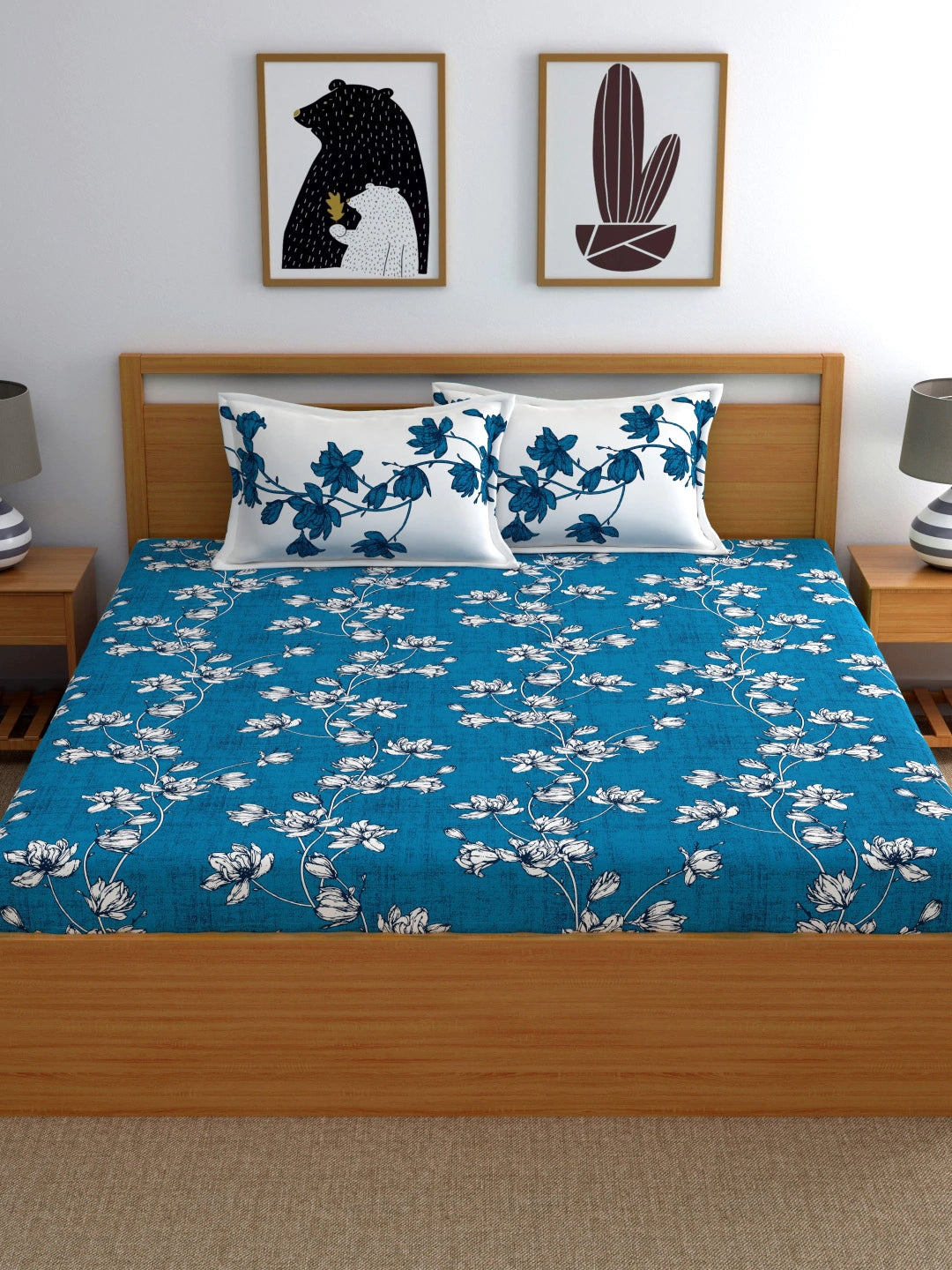 Dreamscape 100% Cotton Floral Bedsheet Set | 140 TC | Blue