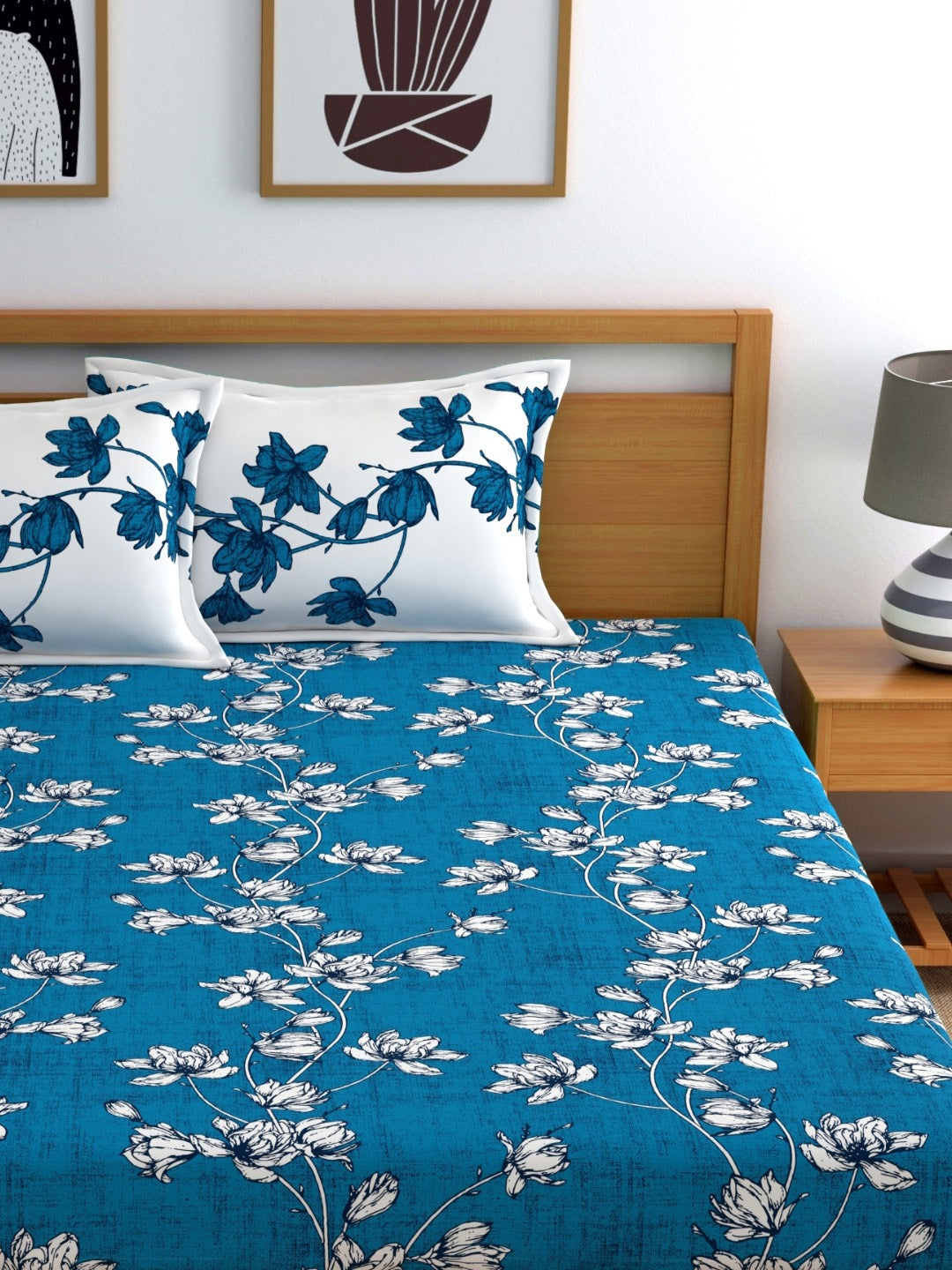 Dreamscape 100% Cotton Floral Bedsheet Set | 140 TC | Blue