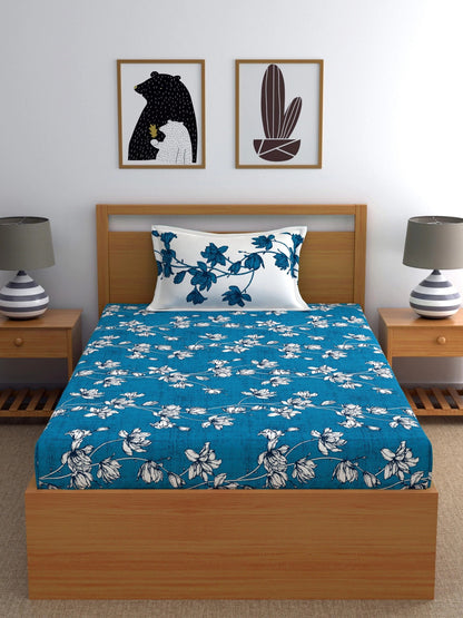 Dreamscape 100% Cotton Floral Bedsheet Set | 140 TC | Blue