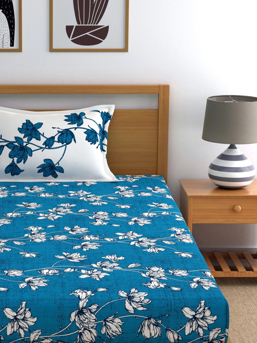 Dreamscape 100% Cotton Floral Bedsheet Set | 140 TC | Blue