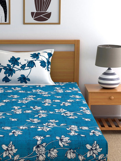 Dreamscape 100% Cotton Floral Bedsheet Set | 140 TC | Blue