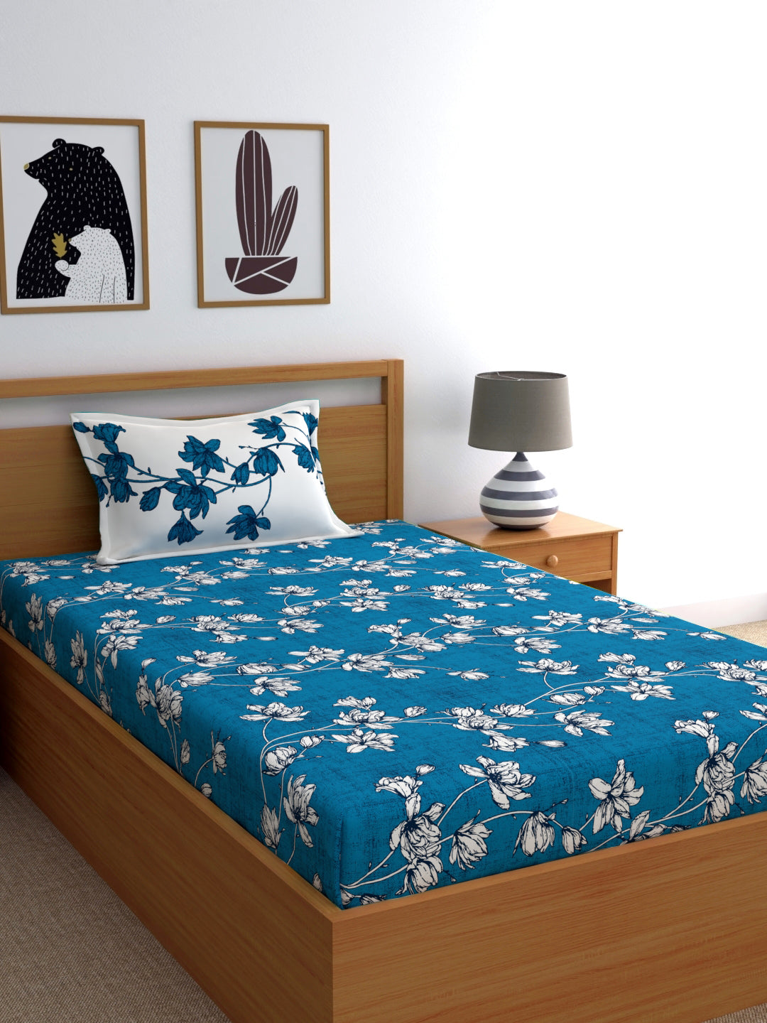 Dreamscape 100% Cotton Floral Bedsheet Set | 140 TC | Blue